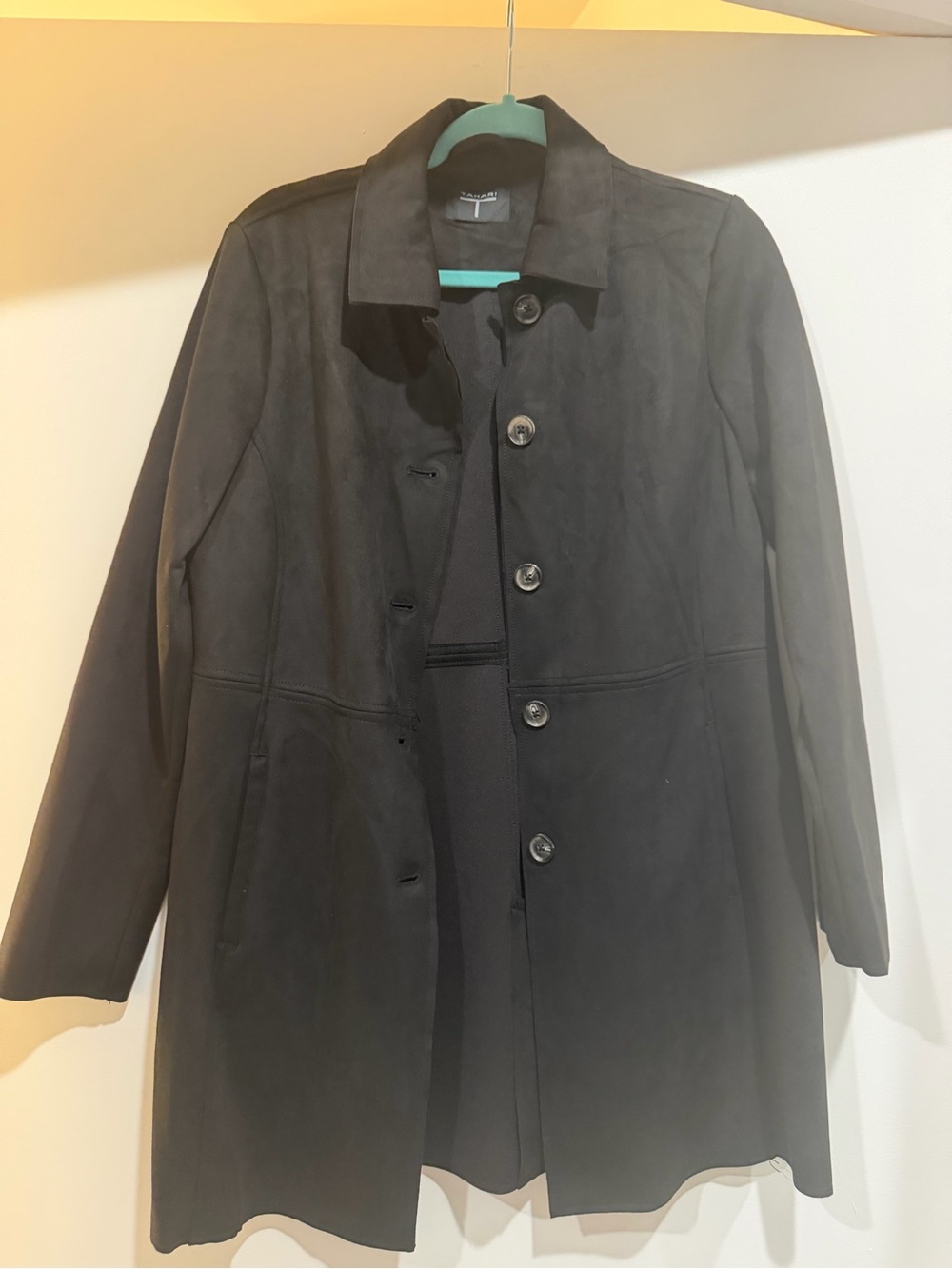 Tahari Black Button-Front Suede Coat